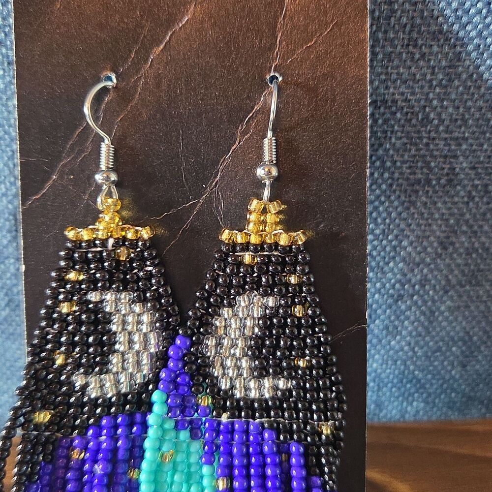 Boho Celestial Moon Seed Bead Fringe Dangle Earrings - Picture 16 of 16